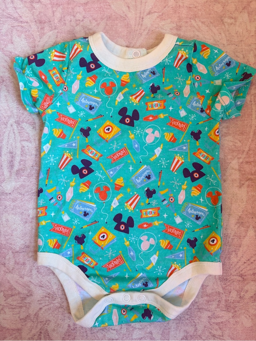 Disney Teal Short-Sleeve Baby Bodysuit with Multicolor Park Icons